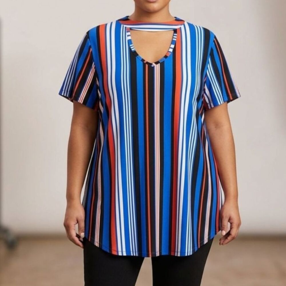 Bobbie Brooks Plus Size 2X Striped Short Sleeve Keyhole Tunic Top